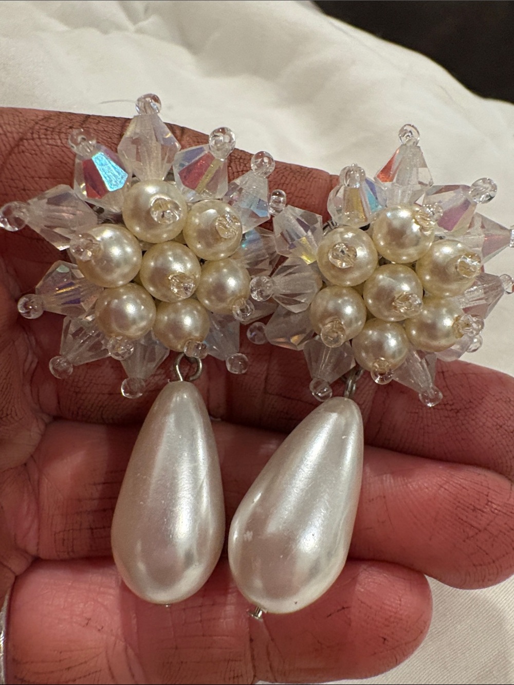 Pearl Cluster Drop Earrings - White Pearl & AB swarofski Crystal Clip Vintage N